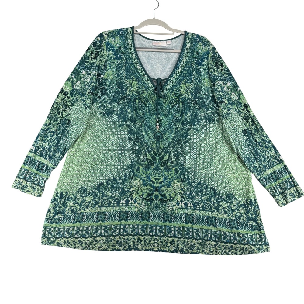 Belle Kim Gravel Tie V-Neck Tunic Blouse Women Plus 1X Green Paisley Beaded Boho